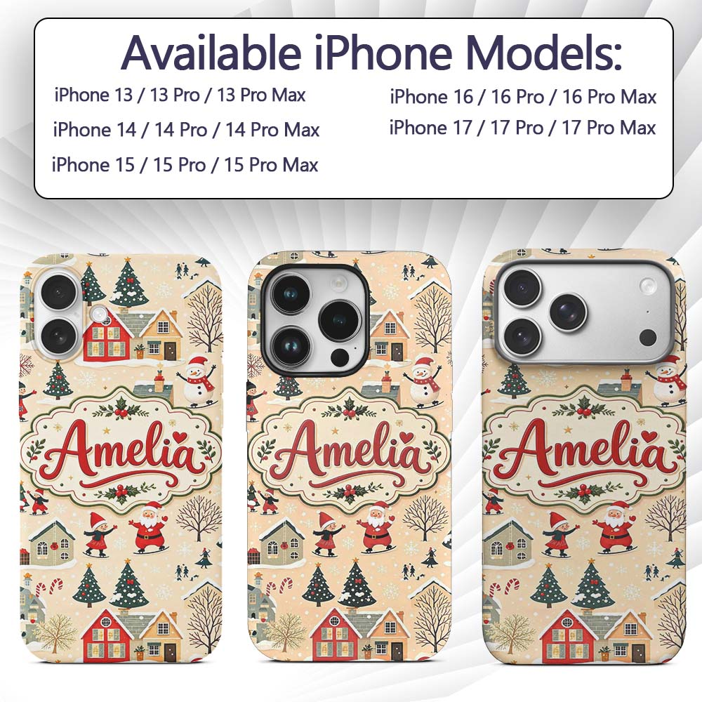 Vintage Christmas Village Snowman Printed Design Custom Name Protective Phone Case Mobile Cover Durable Everyday Smartphone Shock Resistant