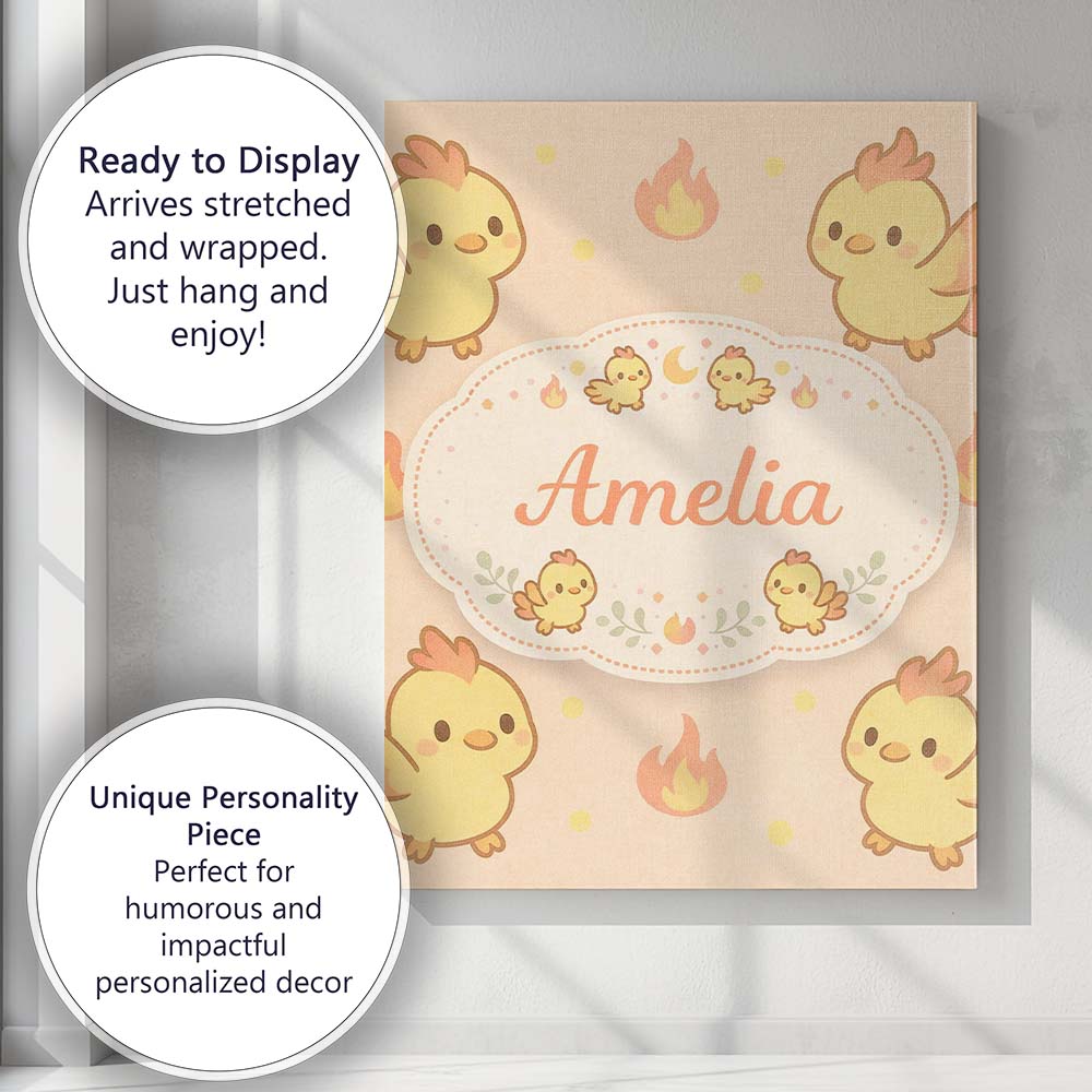 Personalised Name Cute Fire Chick Cartoon Animal Pattern Perfect Custom  Interior Canvas Wall Art Print Decor Picture Ready to Hang