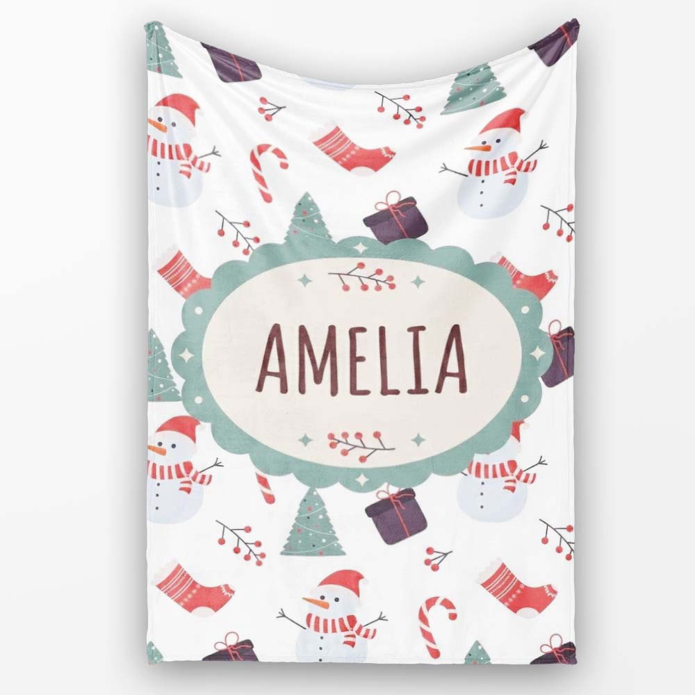 Cute Snowman Candy Cane Gifts and Christmas Tree Minimal Seamless  Personalised Custom Name Super Soft Fleece Blanket Bed Sofa Throw
