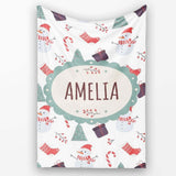 Cute Snowman Candy Cane Gifts and Christmas Tree Minimal Seamless  Personalised Custom Name Super Soft Fleece Blanket Bed Sofa Throw