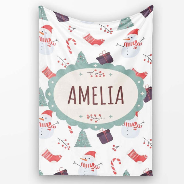 Cute Snowman Candy Cane Gifts and Christmas Tree Minimal Seamless  Personalised Custom Name Super Soft Fleece Blanket Bed Sofa Throw