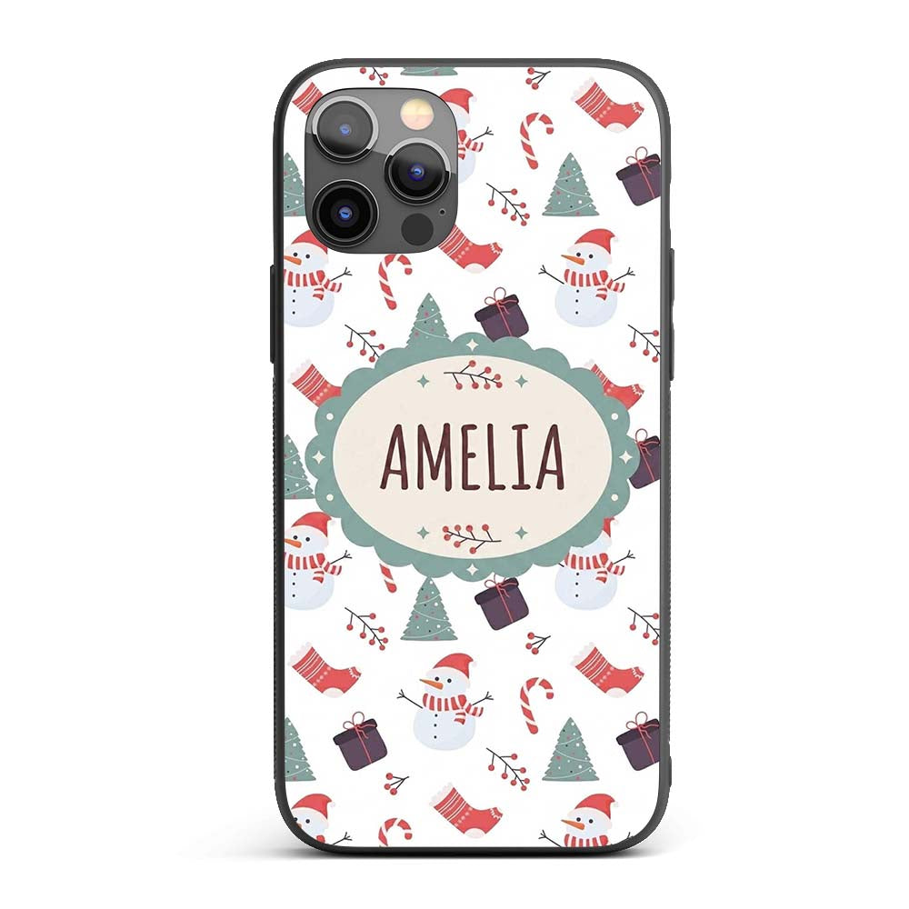 Cute Snowman Candy Cane Gifts and Christmas Tree Custom Name Protective Phone Case Mobile Cover Durable Everyday Smartphone Shock Resistant