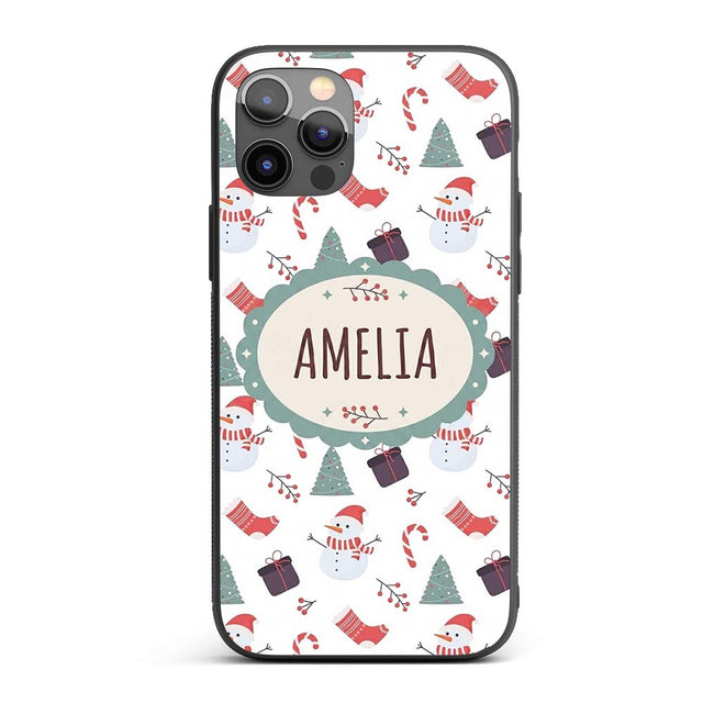 Cute Snowman Candy Cane Gifts and Christmas Tree Custom Name Protective Phone Case Mobile Cover Durable Everyday Smartphone Shock Resistant