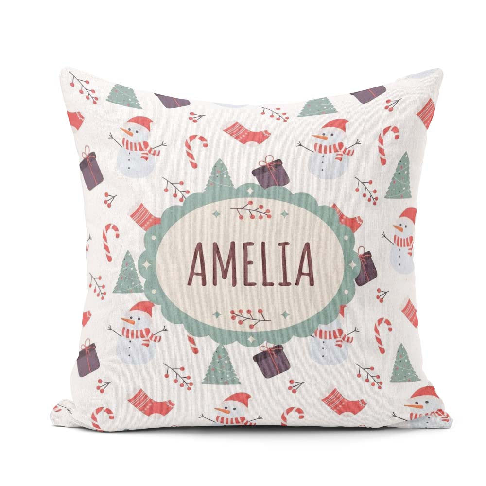 Custom Name Snowman Candy Cane Gifts and Christmas Tree Seamless Square Filled Cushion Throw Pillow Sofa Bed Home Decor Zip Washable UK Made