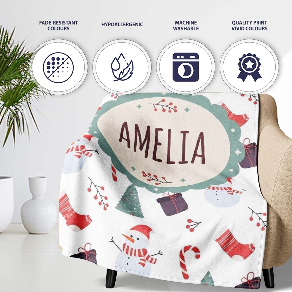 Cute Snowman Candy Cane Gifts and Christmas Tree Minimal Seamless  Personalised Custom Name Super Soft Fleece Blanket Bed Sofa Throw