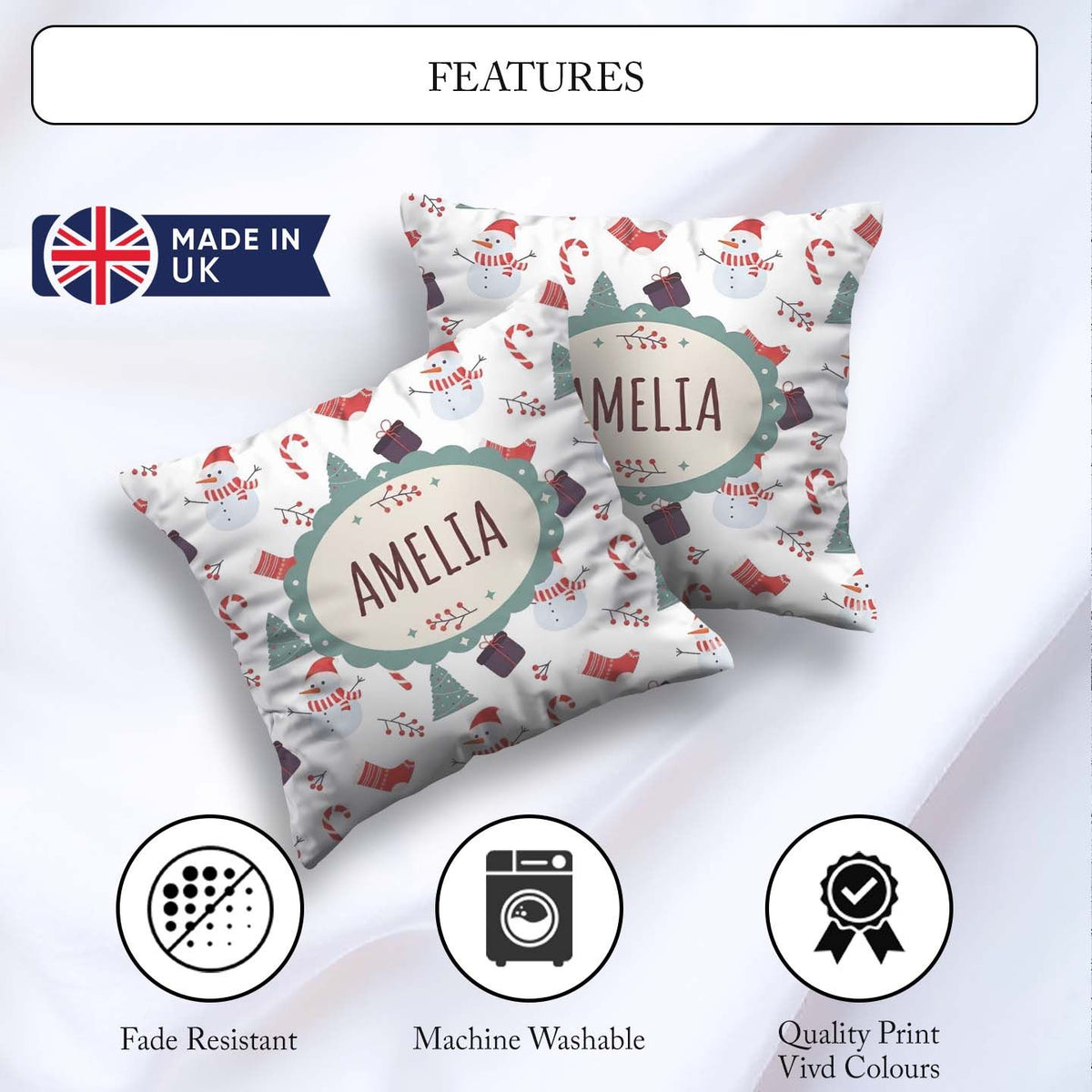 Custom Name Snowman Candy Cane Gifts and Christmas Tree Seamless Square Filled Cushion Throw Pillow Sofa Bed Home Decor Zip Washable UK Made