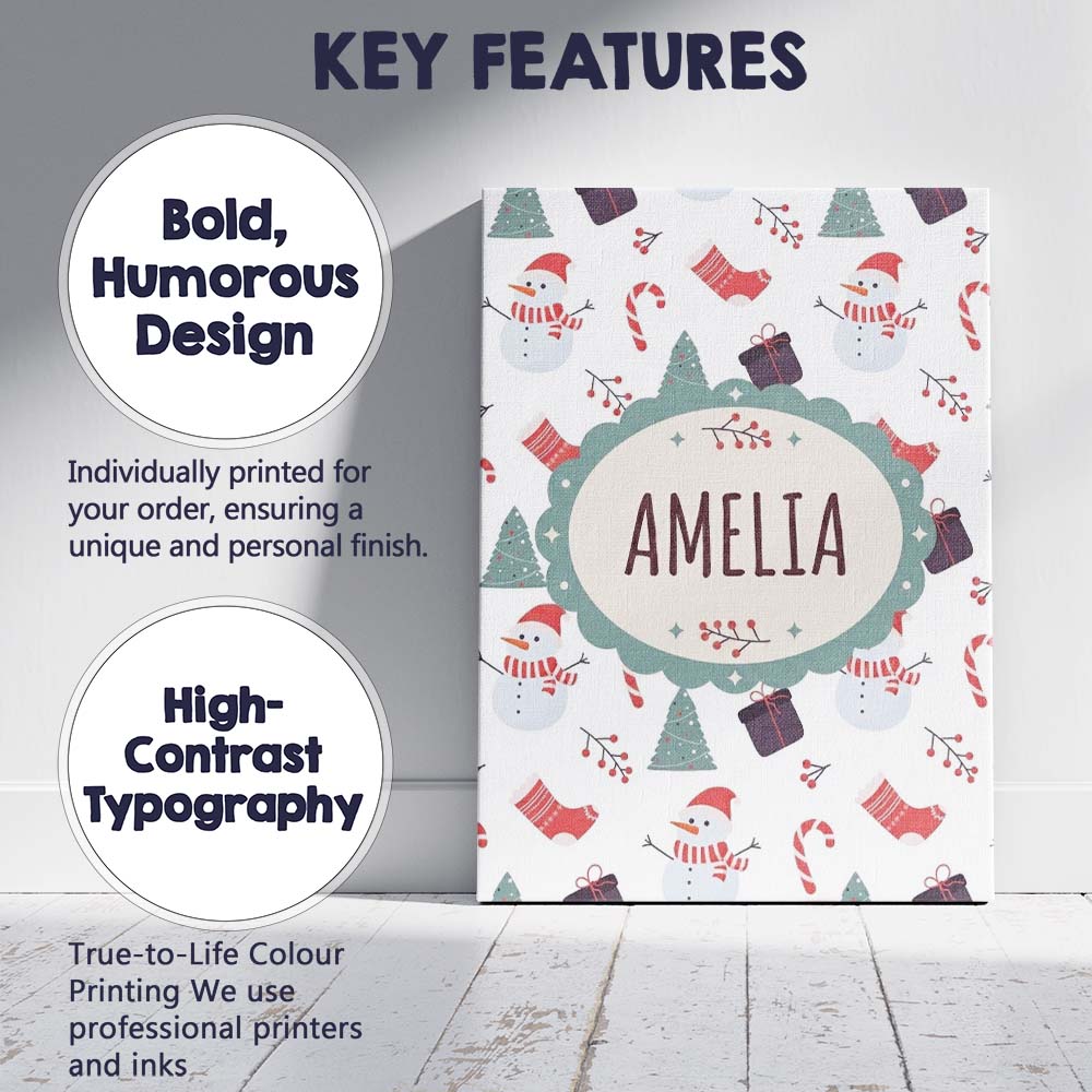 Personalised Name Cute Snowman Candy Cane Custom  Unique Gift Idea Elegant Feature Canvas Wall Art Print Decor Picture Ready to Hang