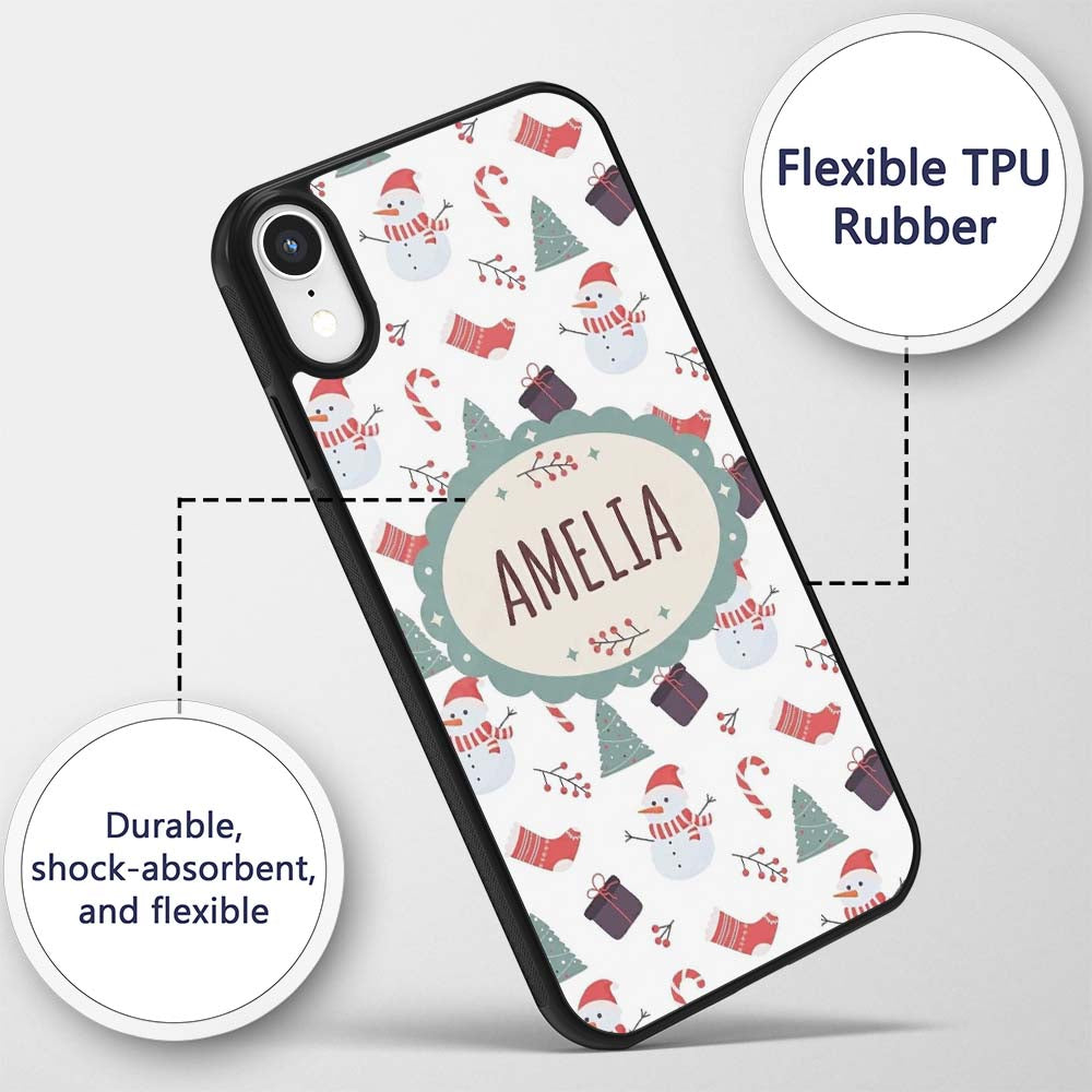 Cute Snowman Candy Cane Gifts and Christmas Tree Custom Name Protective Phone Case Mobile Cover Durable Everyday Smartphone Shock Resistant