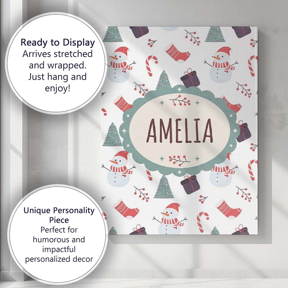 Personalised Name Cute Snowman Candy Cane Custom  Unique Gift Idea Elegant Feature Canvas Wall Art Print Decor Picture Ready to Hang
