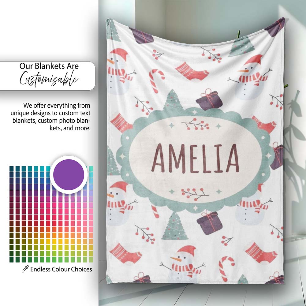 Cute Snowman Candy Cane Gifts and Christmas Tree Minimal Seamless  Personalised Custom Name Super Soft Fleece Blanket Bed Sofa Throw