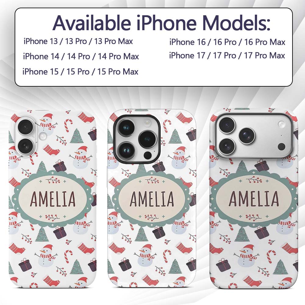 Cute Snowman Candy Cane Gifts and Christmas Tree Custom Name Protective Phone Case Mobile Cover Durable Everyday Smartphone Shock Resistant