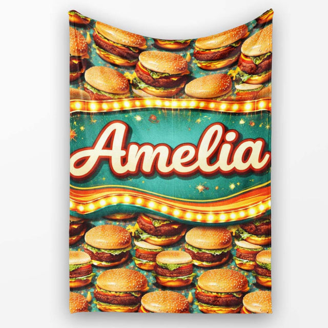 Realistic Juicy Cheeseburger Dark Green Background Fast Food Design  Personalised Custom Name Super Soft Fleece Blanket Bed Sofa Throw