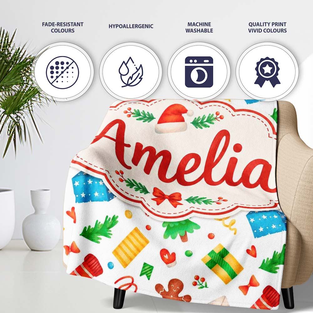 Watercolor Christmas Gifts Candy Gingerbread Festive Holiday Lovely  Personalised Custom Name Super Soft Fleece Blanket Bed Sofa Throw