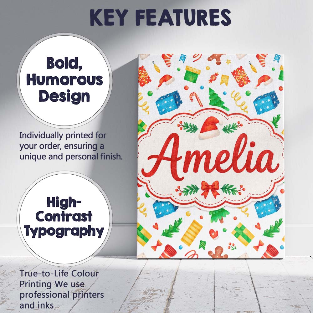 Personalised Name Watercolor Christmas Custom  Modern Room Accent Elegant Feature Canvas Wall Art Print Decor Picture Ready to Hang