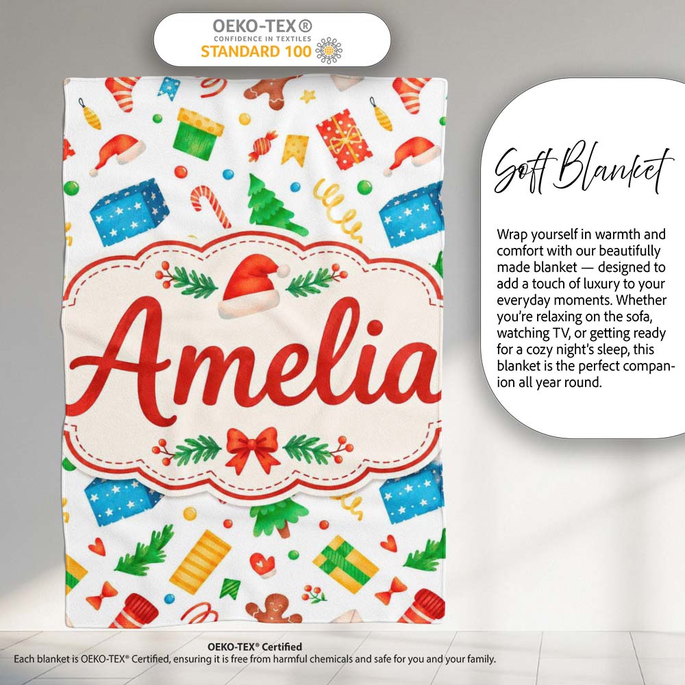 Watercolor Christmas Gifts Candy Gingerbread Festive Holiday Lovely  Personalised Custom Name Super Soft Fleece Blanket Bed Sofa Throw