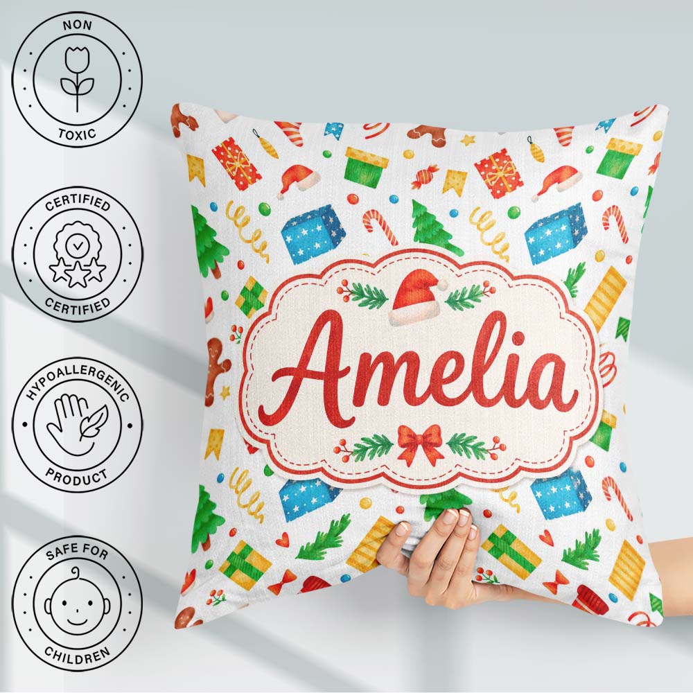Custom Name Watercolor Christmas Gifts Candy Gingerbread Festive Square Filled Cushion Throw Pillow Sofa Bed Home Decor Zip Washable UK Made