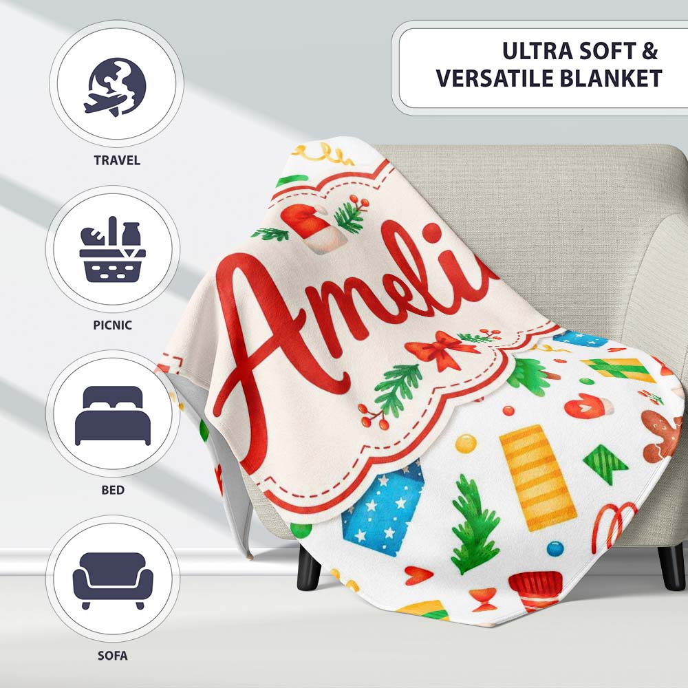 Watercolor Christmas Gifts Candy Gingerbread Festive Holiday Lovely  Personalised Custom Name Super Soft Fleece Blanket Bed Sofa Throw