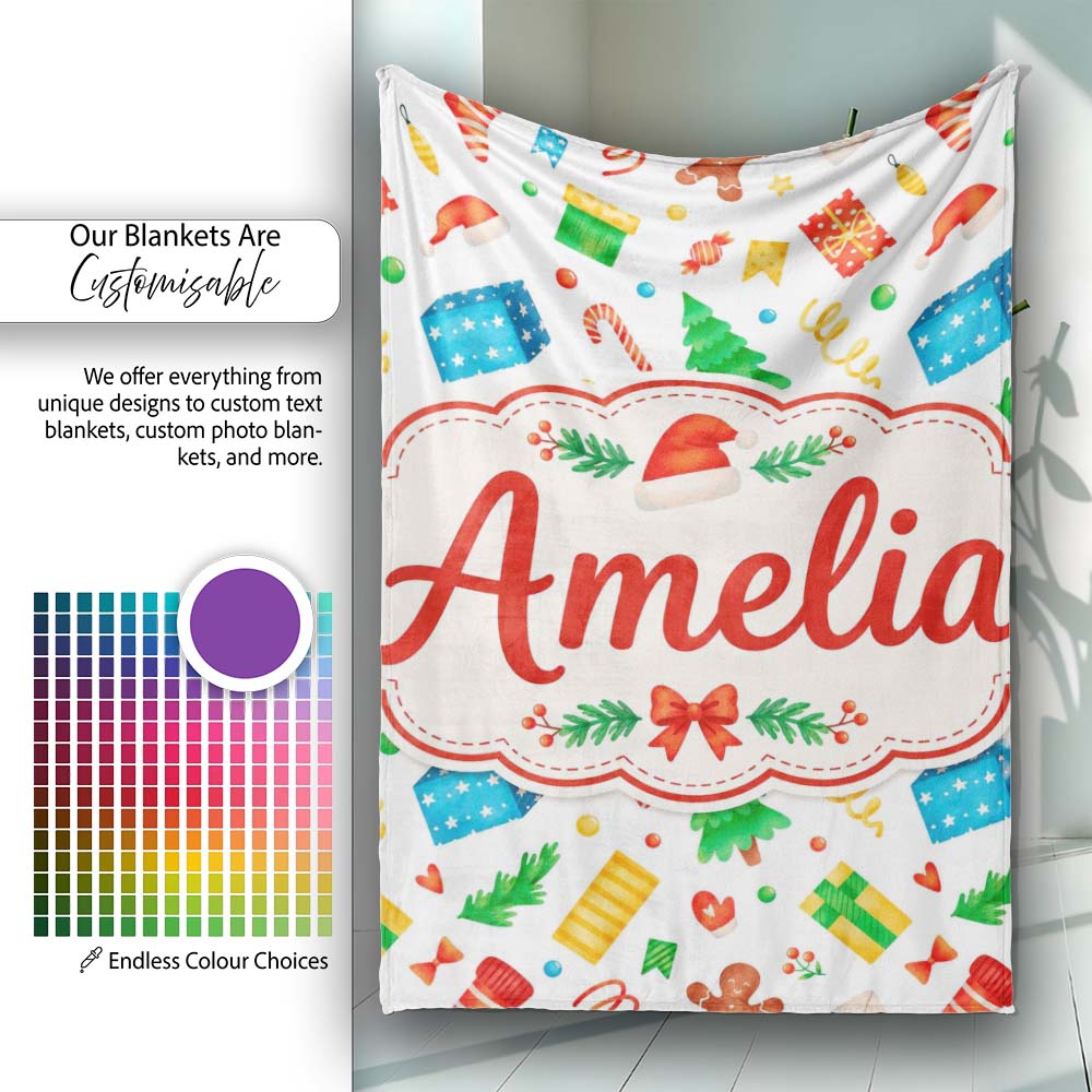 Watercolor Christmas Gifts Candy Gingerbread Festive Holiday Lovely  Personalised Custom Name Super Soft Fleece Blanket Bed Sofa Throw