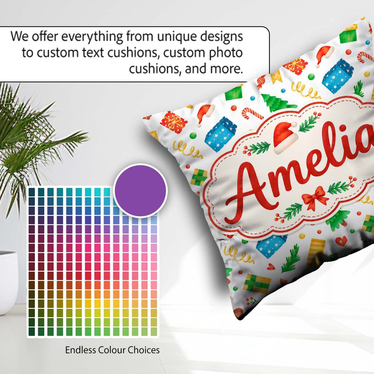Custom Name Watercolor Christmas Gifts Candy Gingerbread Festive Square Filled Cushion Throw Pillow Sofa Bed Home Decor Zip Washable UK Made