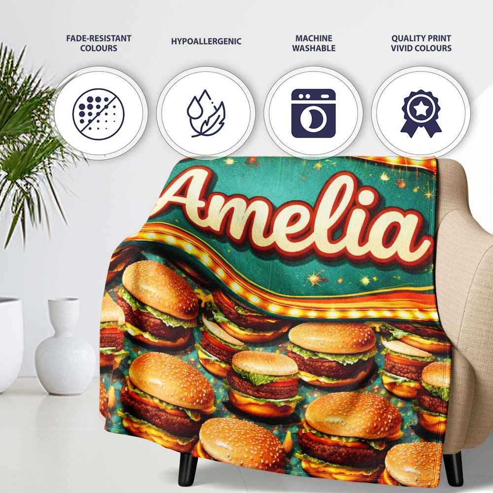 Realistic Juicy Cheeseburger Dark Green Background Fast Food Design  Personalised Custom Name Super Soft Fleece Blanket Bed Sofa Throw