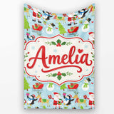 Santa Reindeer Penguin Sleigh Snowman Christmas Fun Seamless Pattern  Personalised Custom Name Super Soft Fleece Blanket Bed Sofa Throw