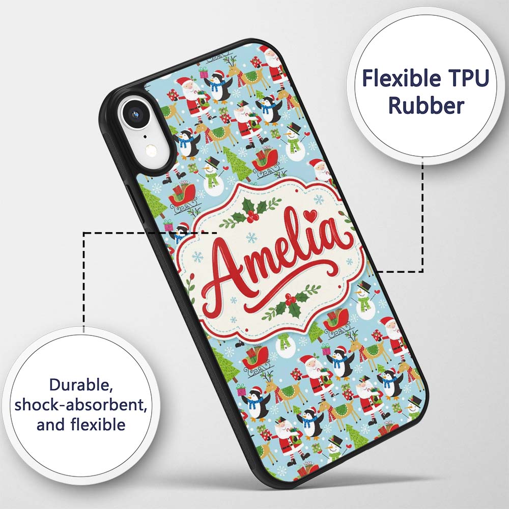 Santa Reindeer Penguin Sleigh Snowman Christmas Custom Name Protective Phone Case Mobile Cover Durable Everyday Smartphone Shock Resistant