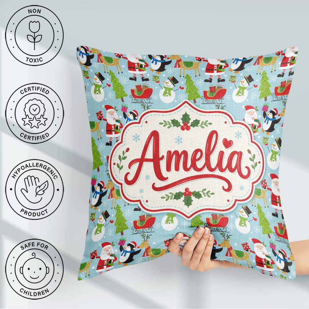 Custom Name Santa Reindeer Penguin Sleigh Christmas Fun Seamless Square Filled Cushion Throw Pillow Sofa Bed Home Decor Zip Washable UK Made