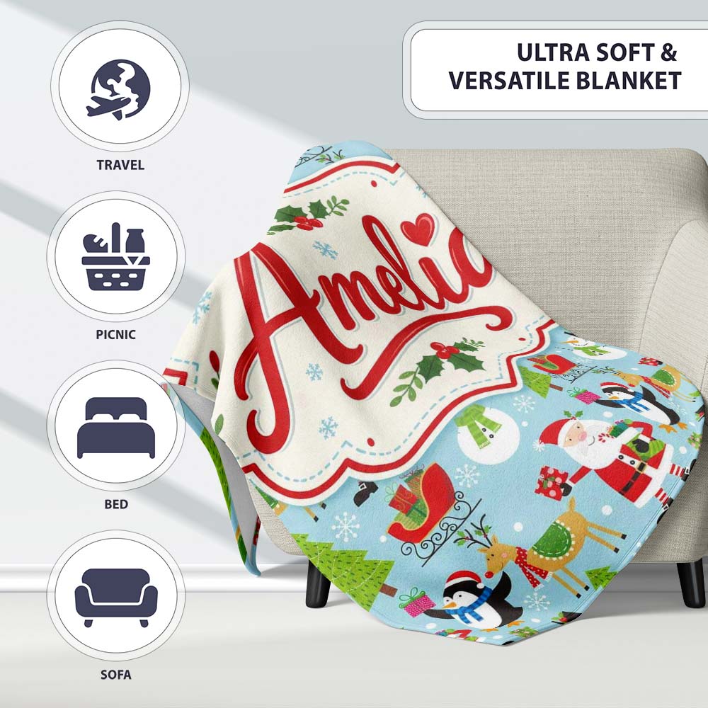 Santa Reindeer Penguin Sleigh Snowman Christmas Fun Seamless Pattern  Personalised Custom Name Super Soft Fleece Blanket Bed Sofa Throw