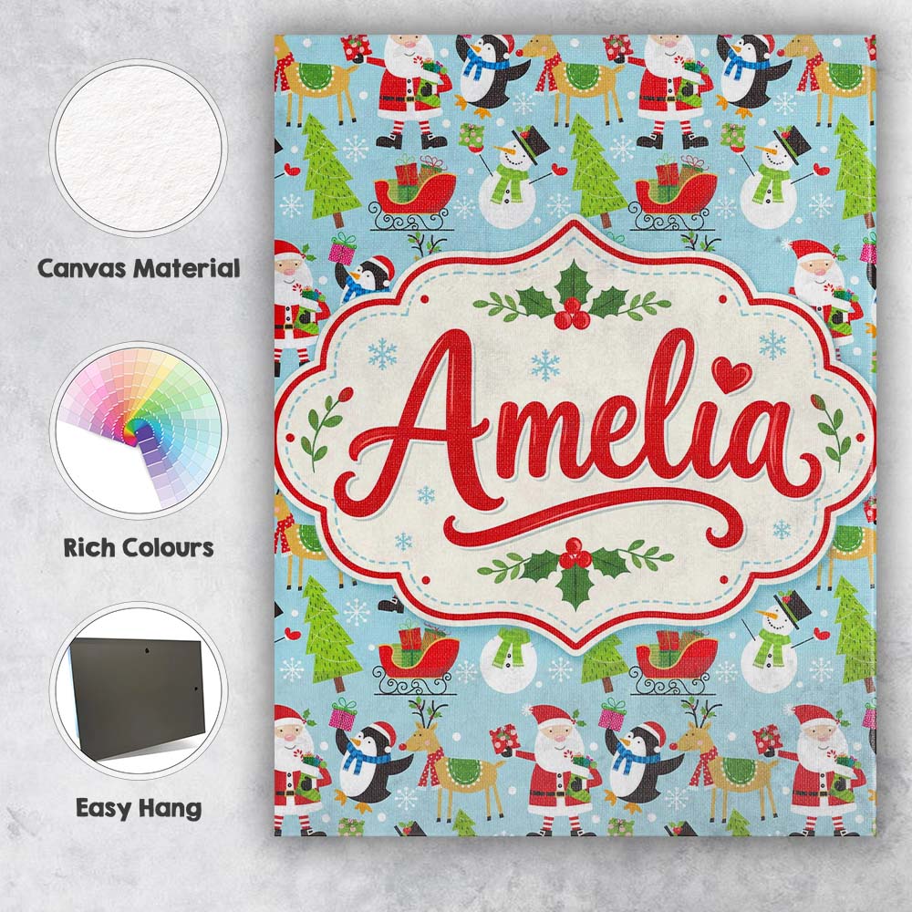 Personalised Name Santa Reindeer Penguin Custom  Unique Gift Idea Elegant Feature Canvas Wall Art Print Decor Picture Ready to Hang