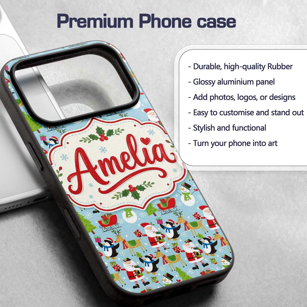 Santa Reindeer Penguin Sleigh Snowman Christmas Custom Name Protective Phone Case Mobile Cover Durable Everyday Smartphone Shock Resistant