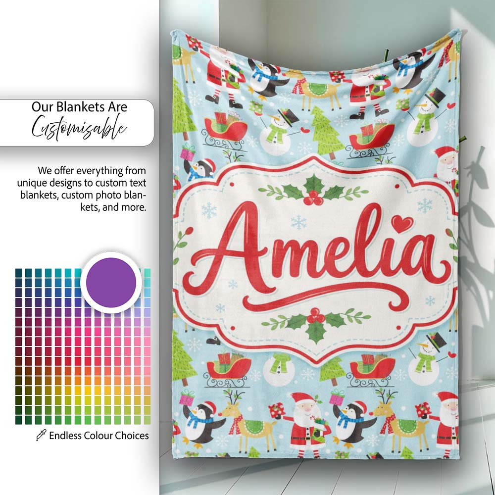 Santa Reindeer Penguin Sleigh Snowman Christmas Fun Seamless Pattern  Personalised Custom Name Super Soft Fleece Blanket Bed Sofa Throw