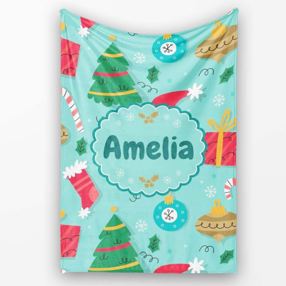 Christmas Tree Baubles Gifts  Candy Cane Festive Holiday Seamless  Personalised Custom Name Super Soft Fleece Blanket Bed Sofa Throw