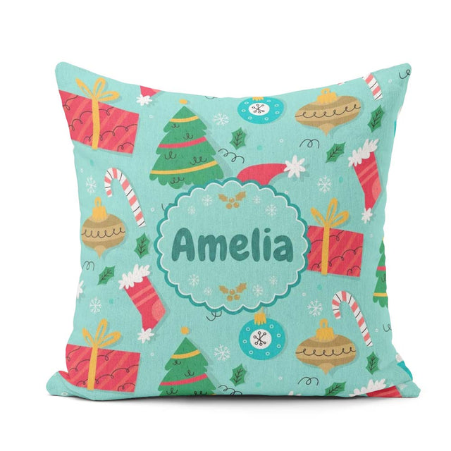 Custom Name Christmas Tree Baubles Cane Festive Holiday Seamless Square Filled Cushion Throw Pillow Sofa Bed Home Decor Zip Washable UK Made