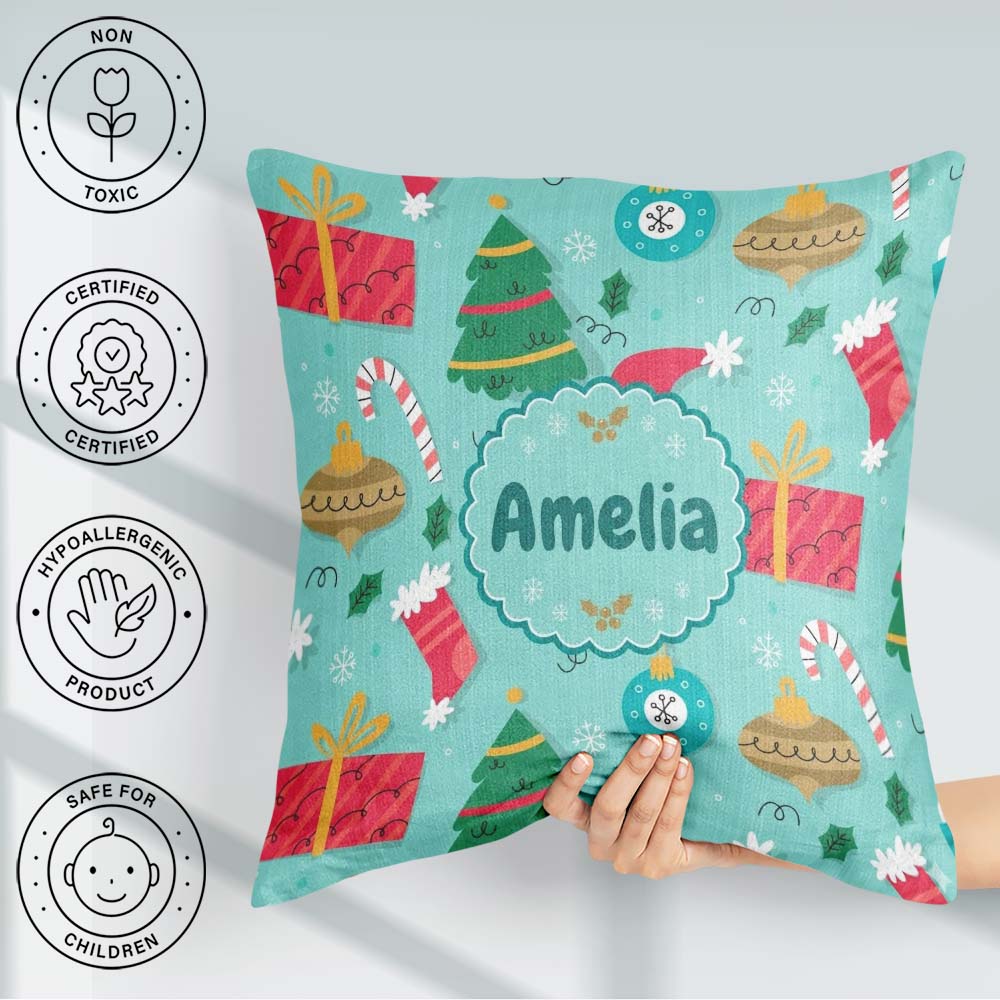 Custom Name Christmas Tree Baubles Cane Festive Holiday Seamless Square Filled Cushion Throw Pillow Sofa Bed Home Decor Zip Washable UK Made