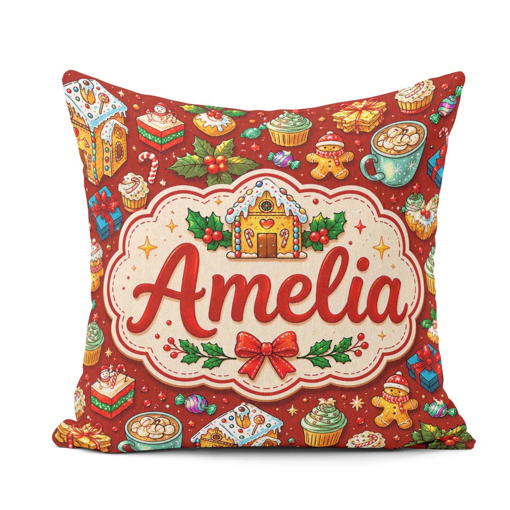 Custom Name House Cupcake Cocoa Holly Christmas Treats Seamless Square Filled Cushion Throw Pillow Sofa Bed Home Decor Zip Washable UK Made