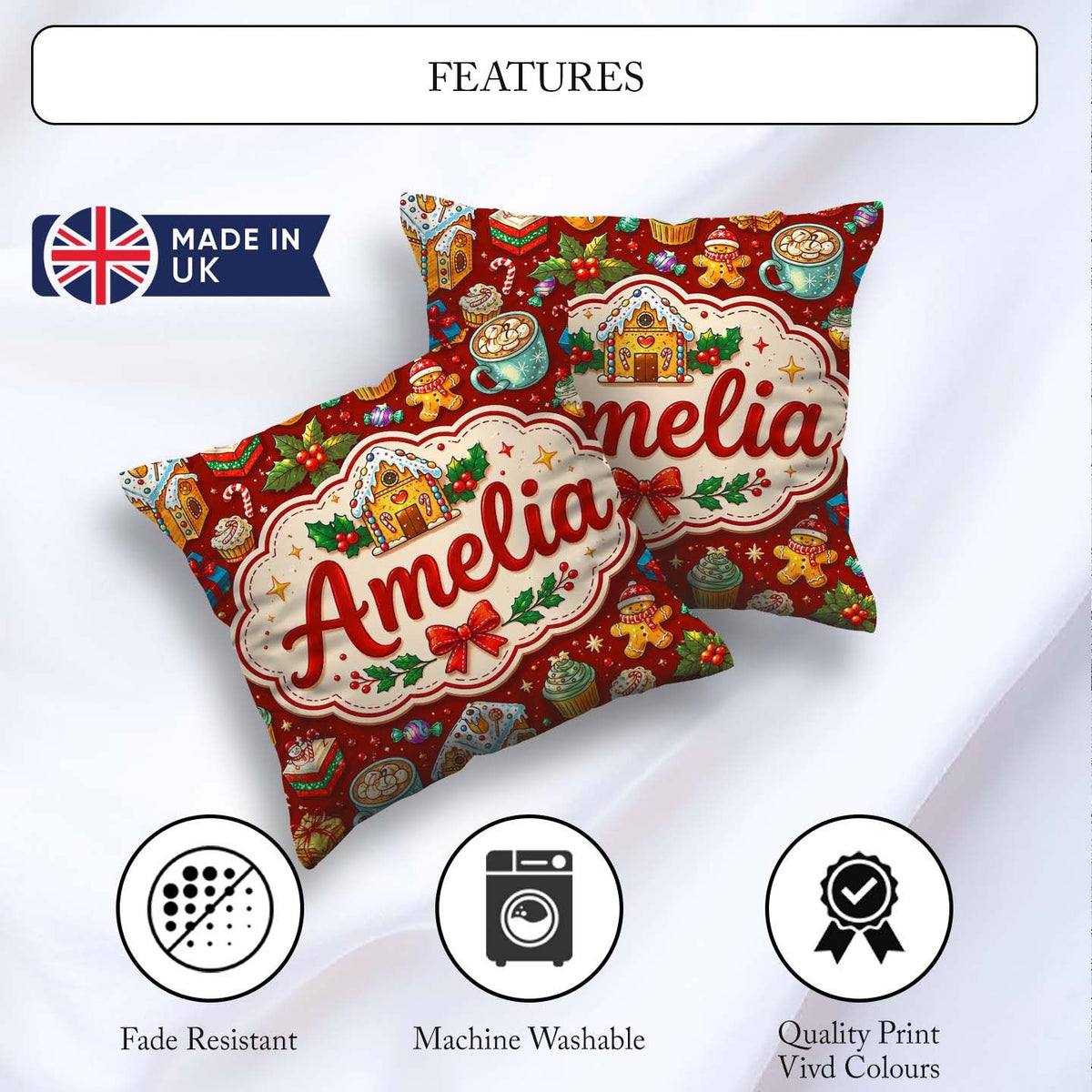 Custom Name House Cupcake Cocoa Holly Christmas Treats Seamless Square Filled Cushion Throw Pillow Sofa Bed Home Decor Zip Washable UK Made