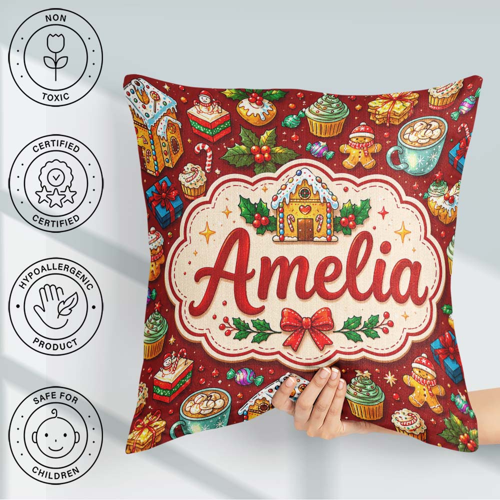 Custom Name House Cupcake Cocoa Holly Christmas Treats Seamless Square Filled Cushion Throw Pillow Sofa Bed Home Decor Zip Washable UK Made