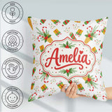 Custom Name Festive Cream Cones Holly Candy Cane Christmas Cheer Square Filled Cushion Throw Pillow Sofa Bed Home Decor Zip Washable UK Made