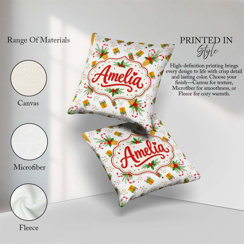 Custom Name Festive Cream Cones Holly Candy Cane Christmas Cheer Square Filled Cushion Throw Pillow Sofa Bed Home Decor Zip Washable UK Made