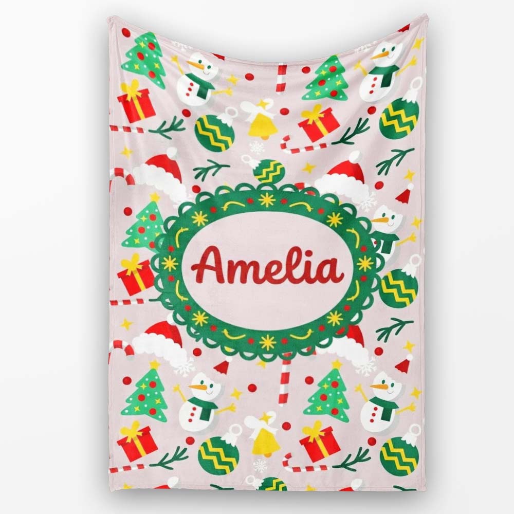 Cute Snowman Tree Candy Cane Ornaments Holiday Seamless Pattern  Personalised Custom Name Super Soft Fleece Blanket Bed Sofa Throw