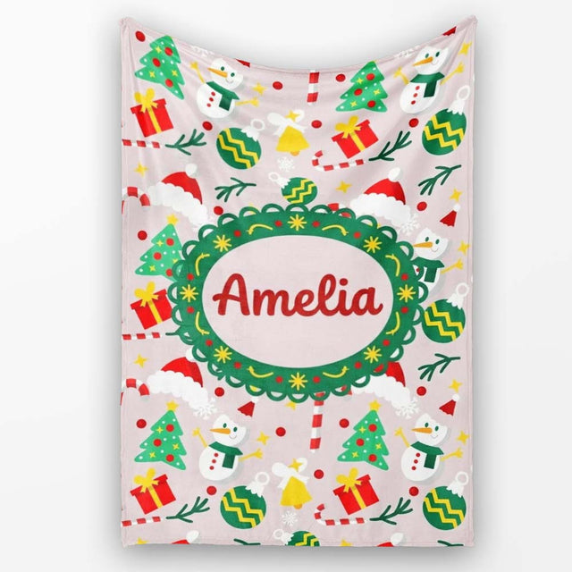 Cute Snowman Tree Candy Cane Ornaments Holiday Seamless Pattern  Personalised Custom Name Super Soft Fleece Blanket Bed Sofa Throw