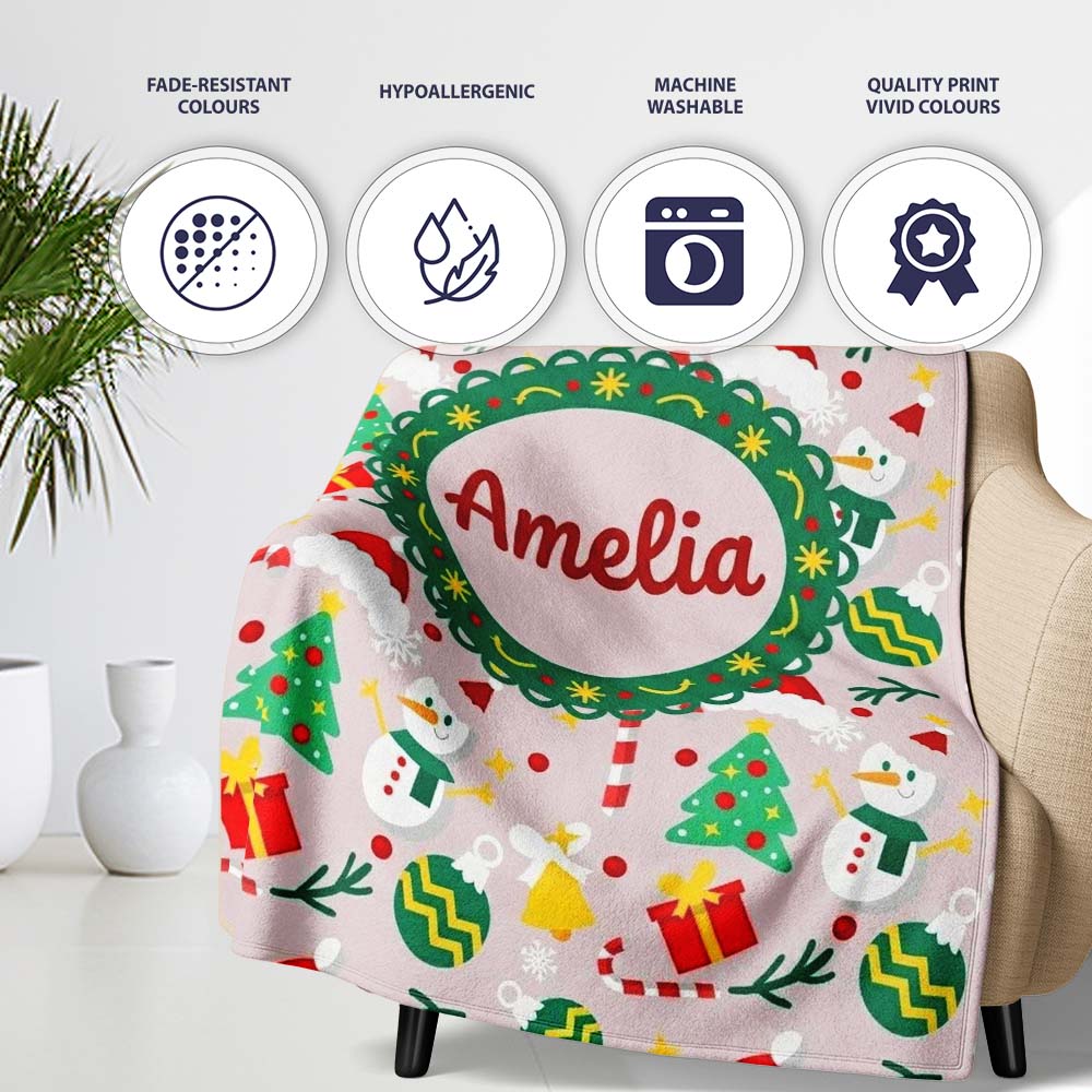Cute Snowman Tree Candy Cane Ornaments Holiday Seamless Pattern  Personalised Custom Name Super Soft Fleece Blanket Bed Sofa Throw