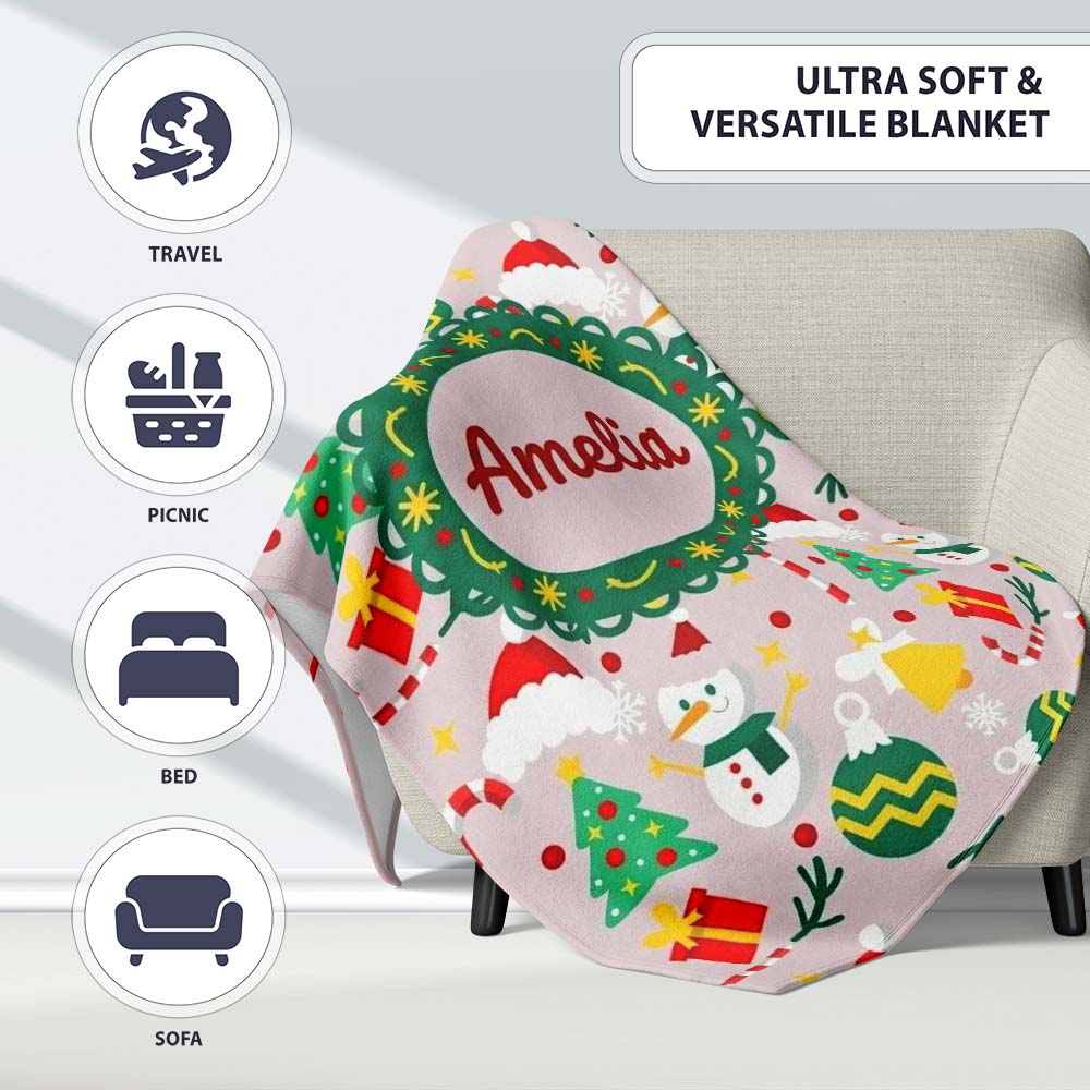 Cute Snowman Tree Candy Cane Ornaments Holiday Seamless Pattern  Personalised Custom Name Super Soft Fleece Blanket Bed Sofa Throw