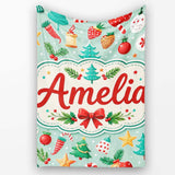 Festive Christmas Trees Ornaments Strawberries Candy Cane Holiday  Personalised Custom Name Super Soft Fleece Blanket Bed Sofa Throw