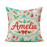 Custom Name Festive Christmas Trees Ornaments Candy Cane Holiday Square Filled Cushion Throw Pillow Sofa Bed Home Decor Zip Washable UK Made
