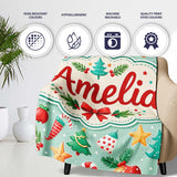 Festive Christmas Trees Ornaments Strawberries Candy Cane Holiday  Personalised Custom Name Super Soft Fleece Blanket Bed Sofa Throw