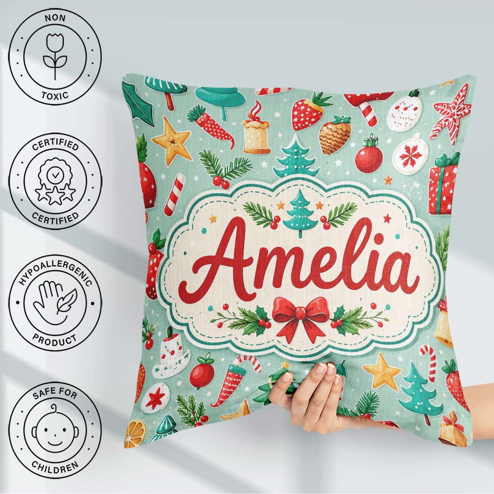 Custom Name Festive Christmas Trees Ornaments Candy Cane Holiday Square Filled Cushion Throw Pillow Sofa Bed Home Decor Zip Washable UK Made
