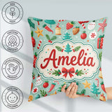 Custom Name Festive Christmas Trees Ornaments Candy Cane Holiday Square Filled Cushion Throw Pillow Sofa Bed Home Decor Zip Washable UK Made