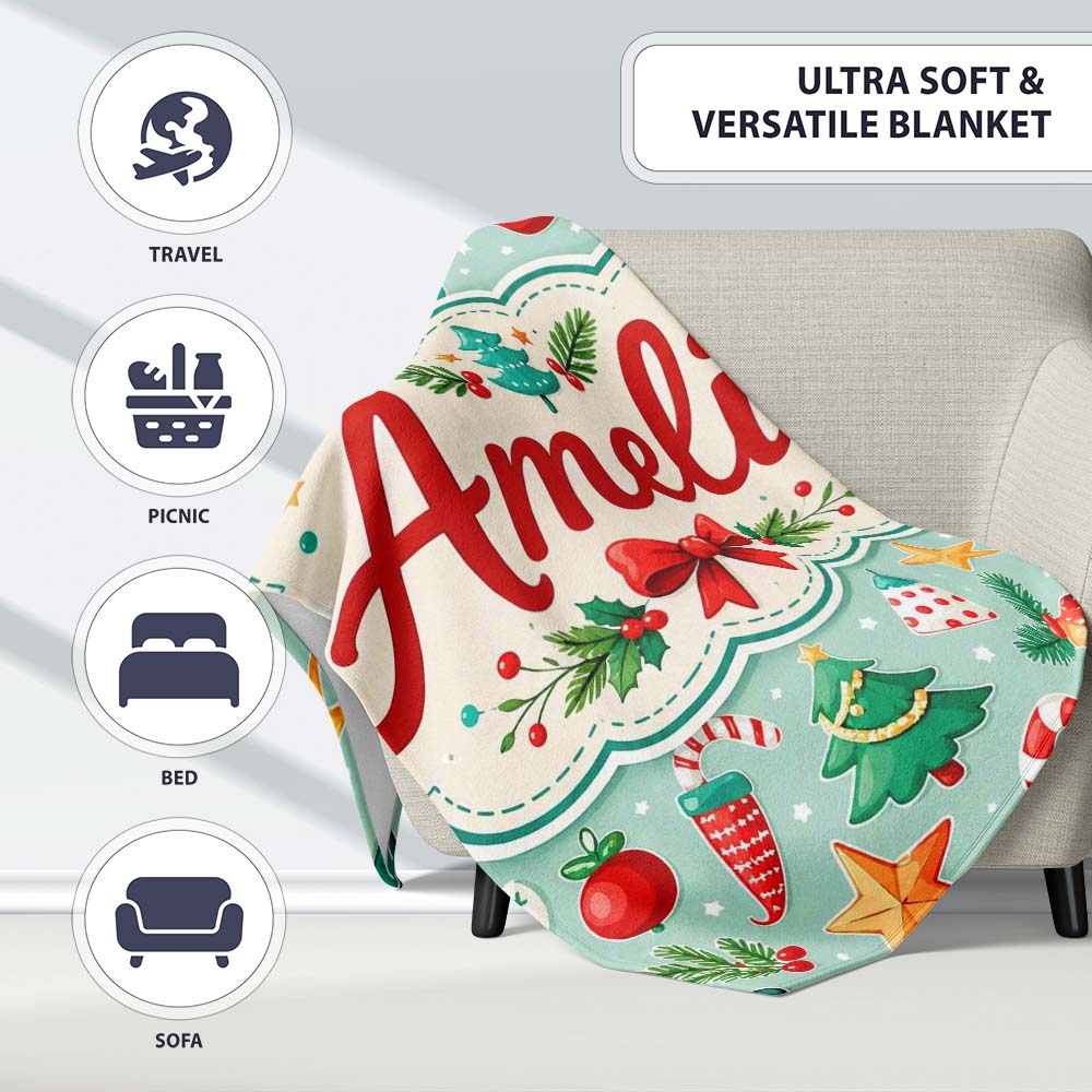 Festive Christmas Trees Ornaments Strawberries Candy Cane Holiday  Personalised Custom Name Super Soft Fleece Blanket Bed Sofa Throw