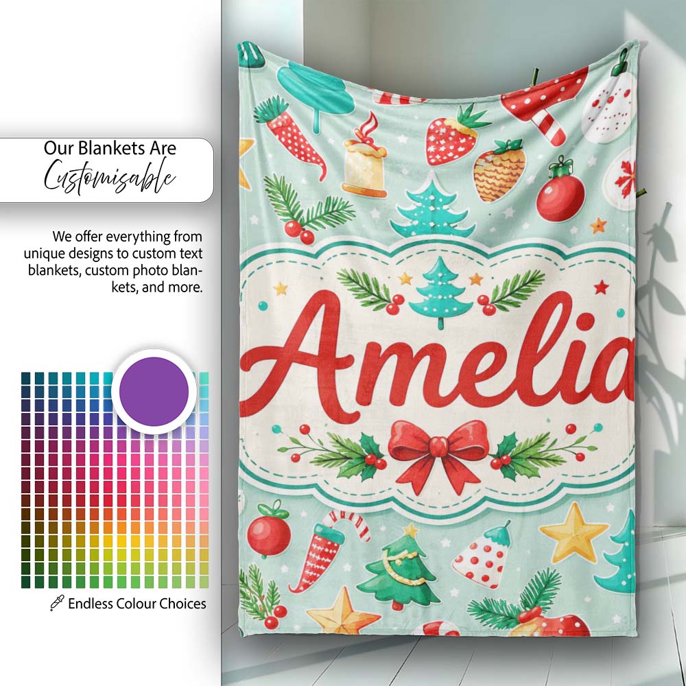 Festive Christmas Trees Ornaments Strawberries Candy Cane Holiday  Personalised Custom Name Super Soft Fleece Blanket Bed Sofa Throw